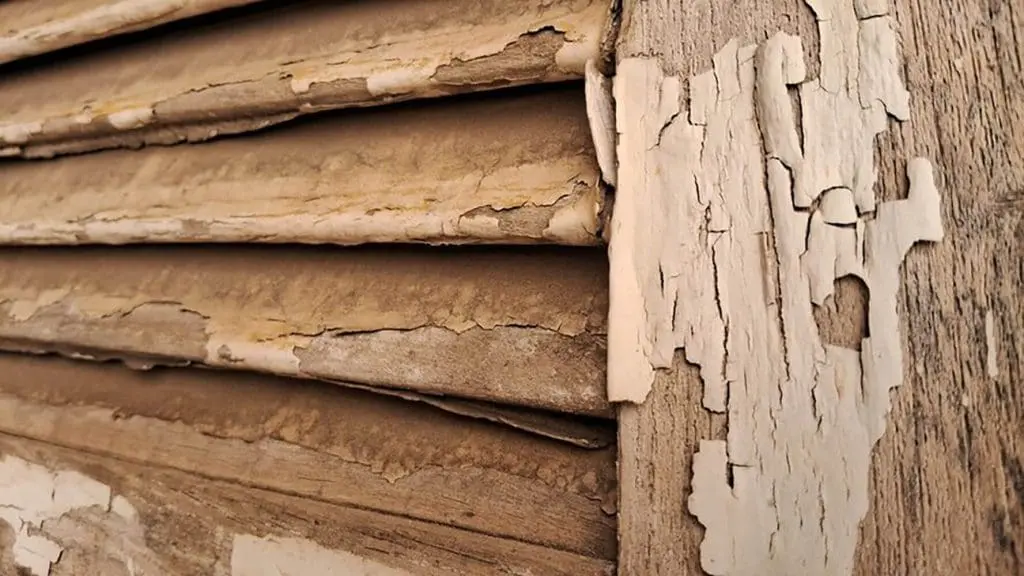 How Asheville's climate affects exterior paint — peeling and cracking paint on wood siding showing moisture and weather damage